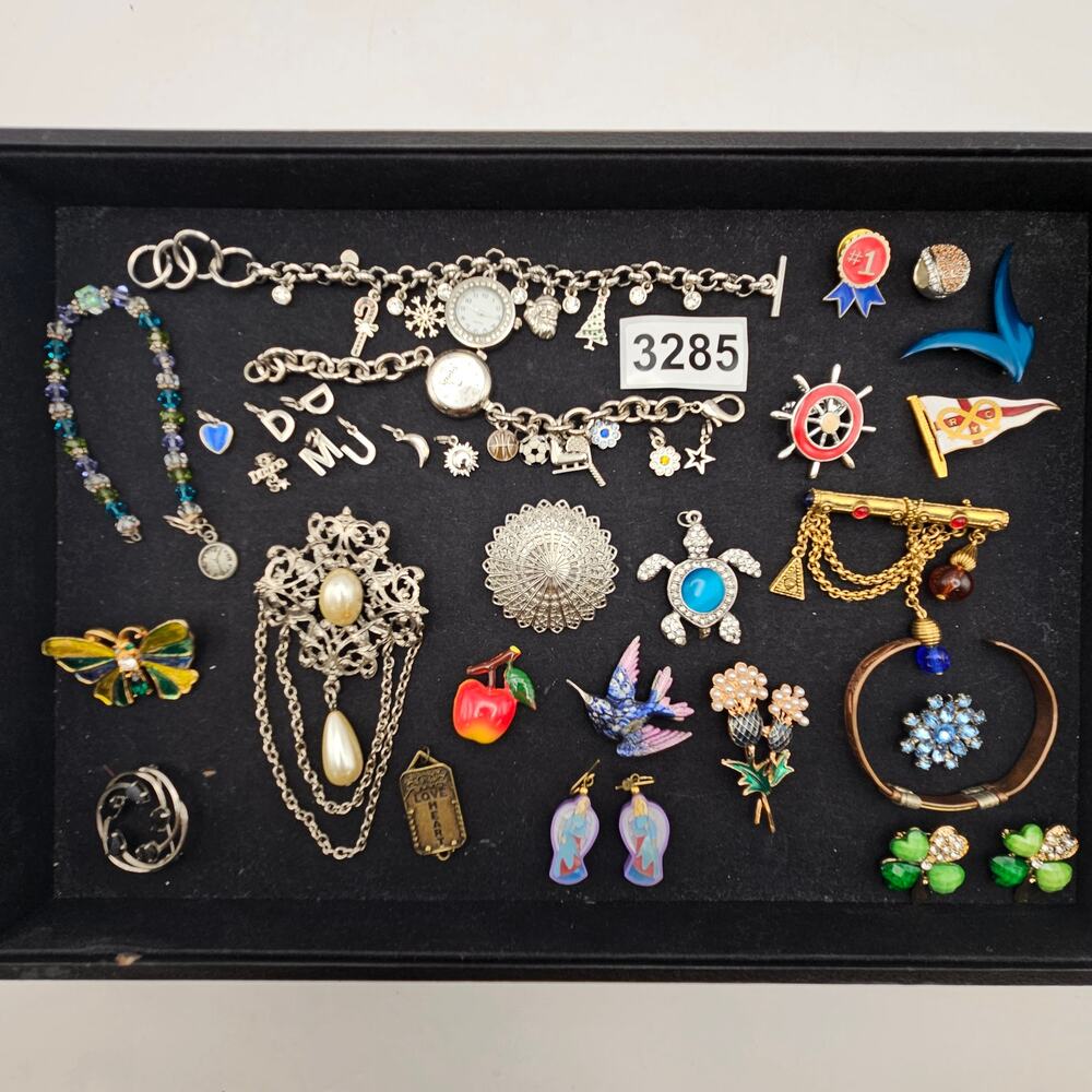 VINTAGE SIGNED COSTUME JEWELRY LOT BROOCHES CHARM BRACELETS PINS EARRINGS